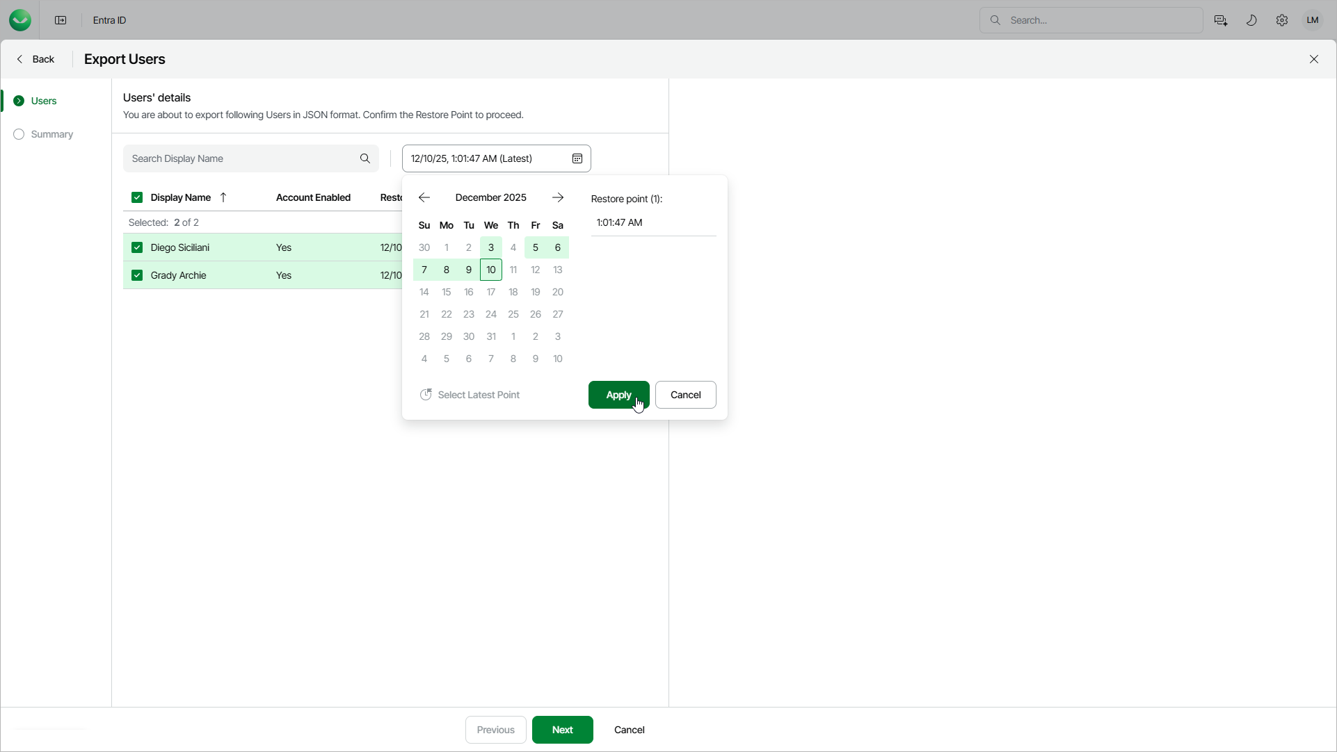 Launching Restore Users Wizard