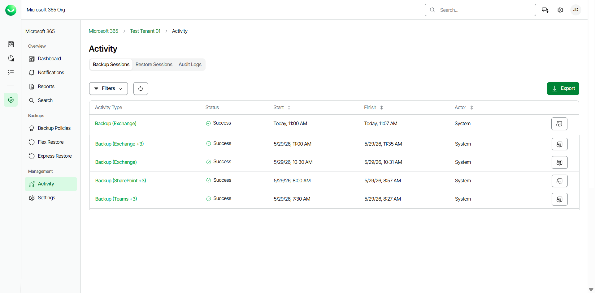 Viewing Backup Sessions