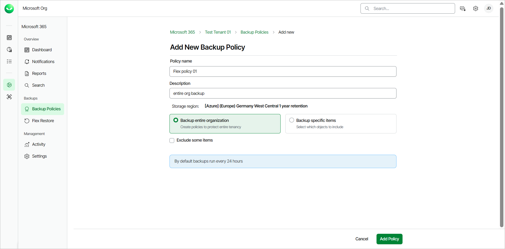 Creating Flex Backup Policies
