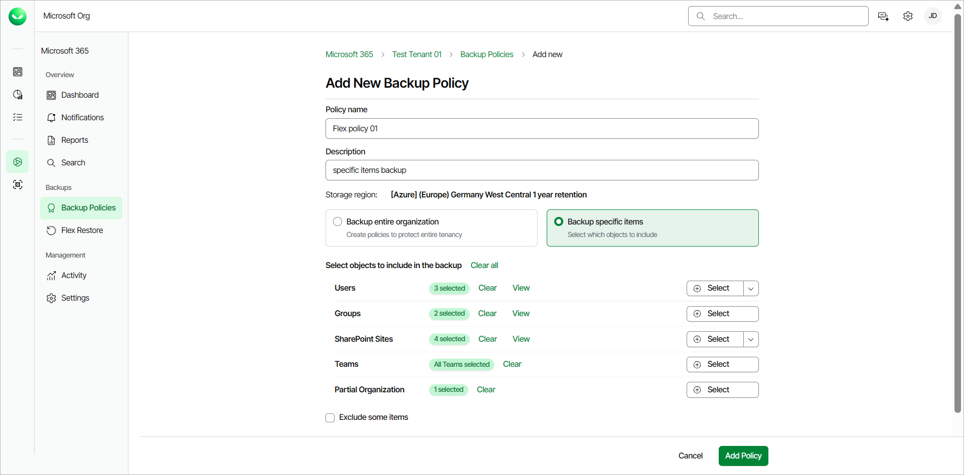 Creating Flex Backup Policies