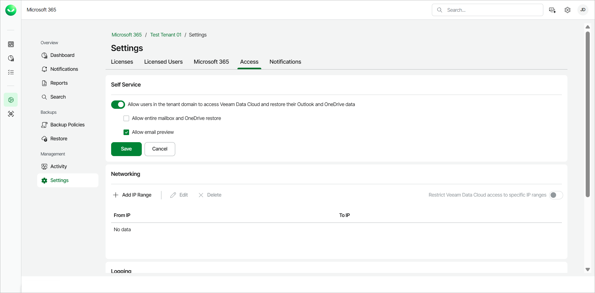 Enabling Self-Service Restore