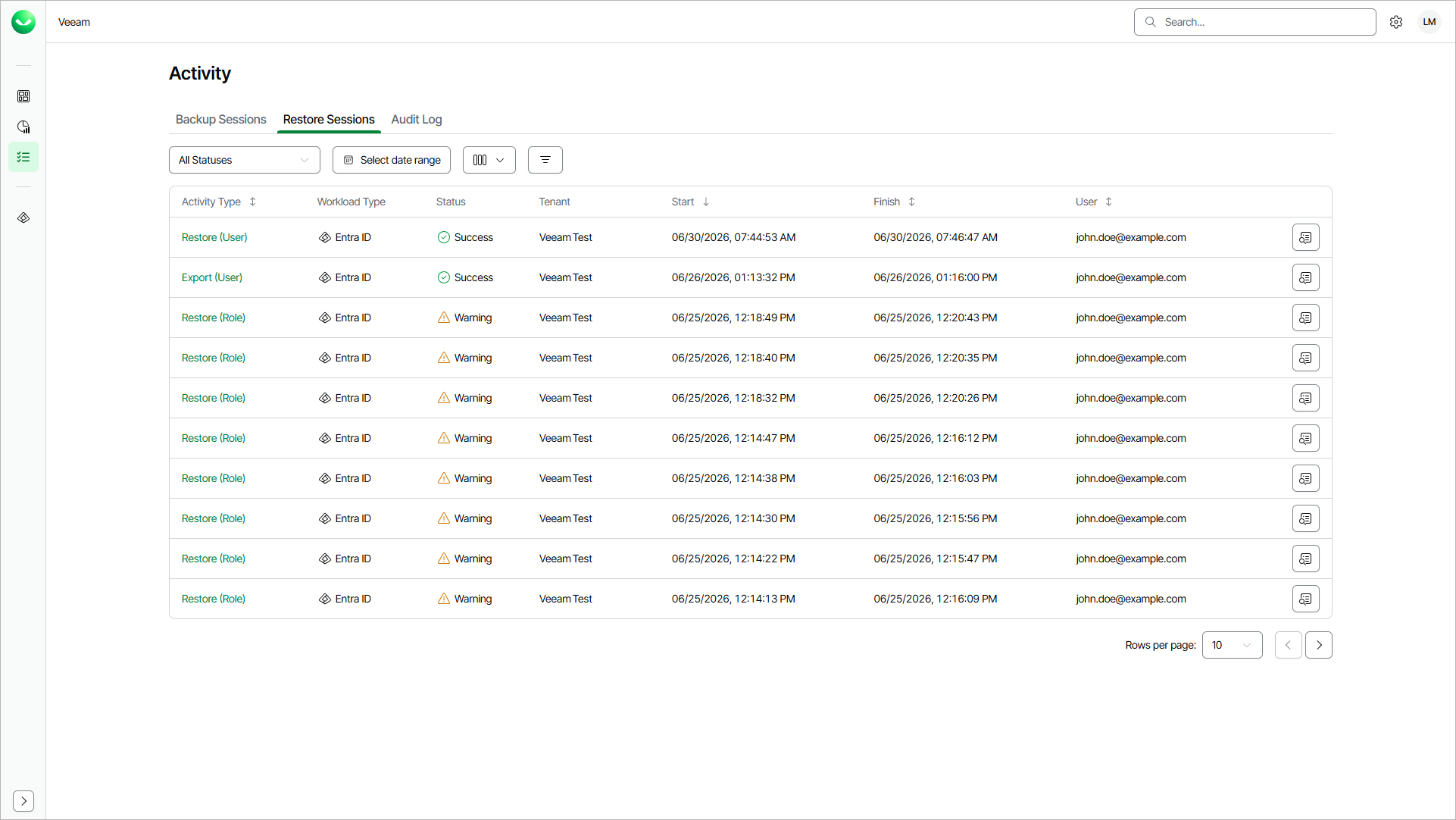 Viewing Restore Sessions