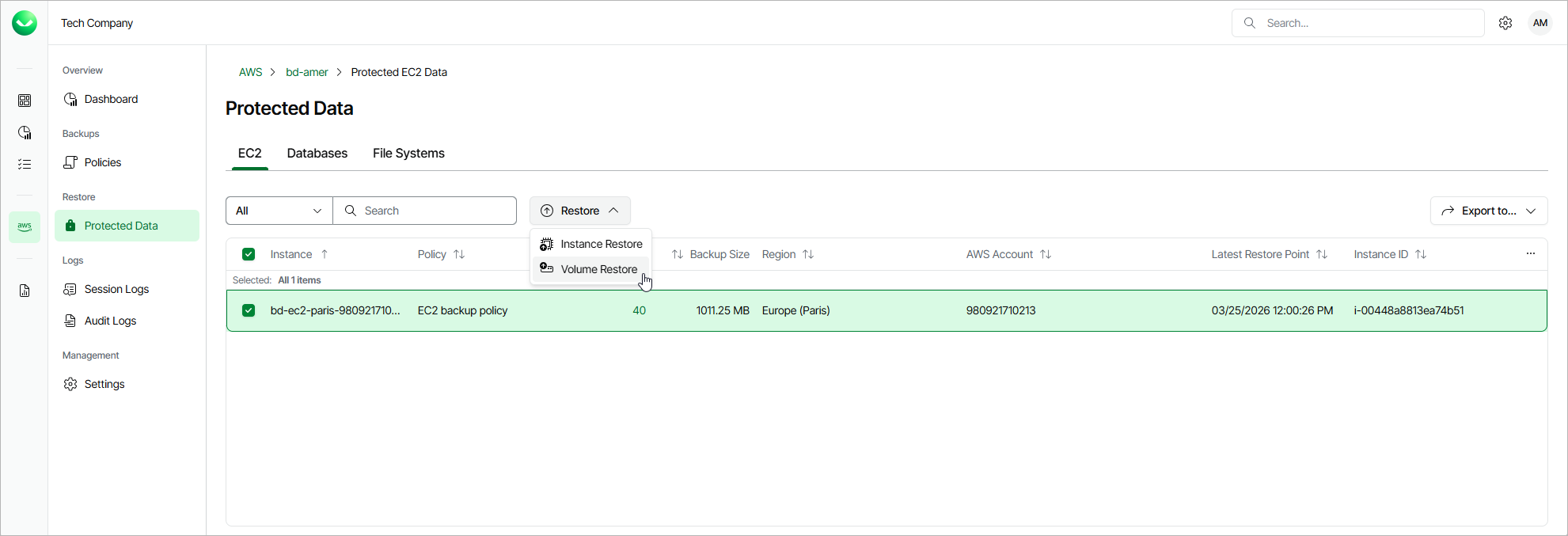 Launch Volume Restore Wizard