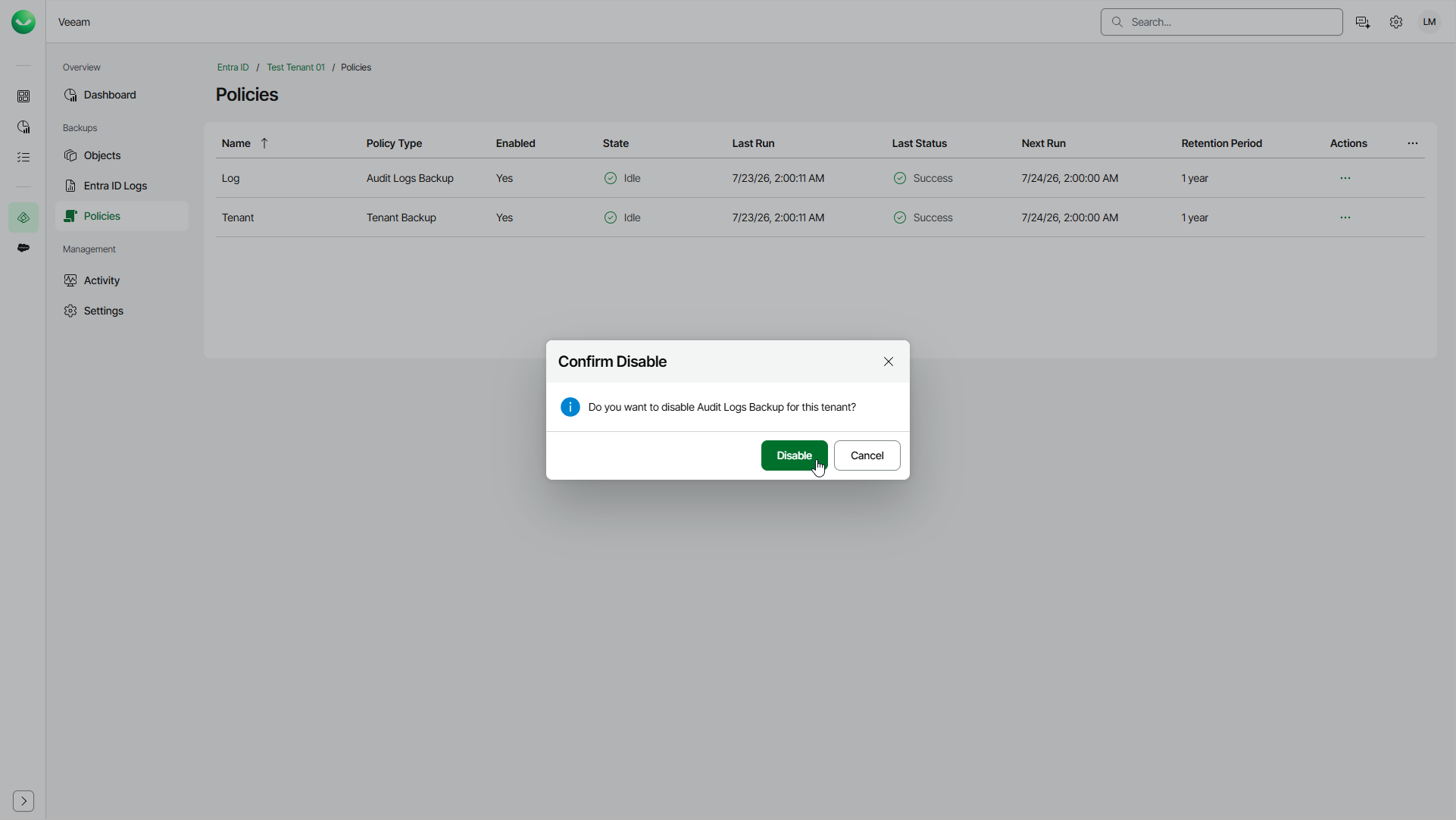 Enabling and Disabling Backup Policies