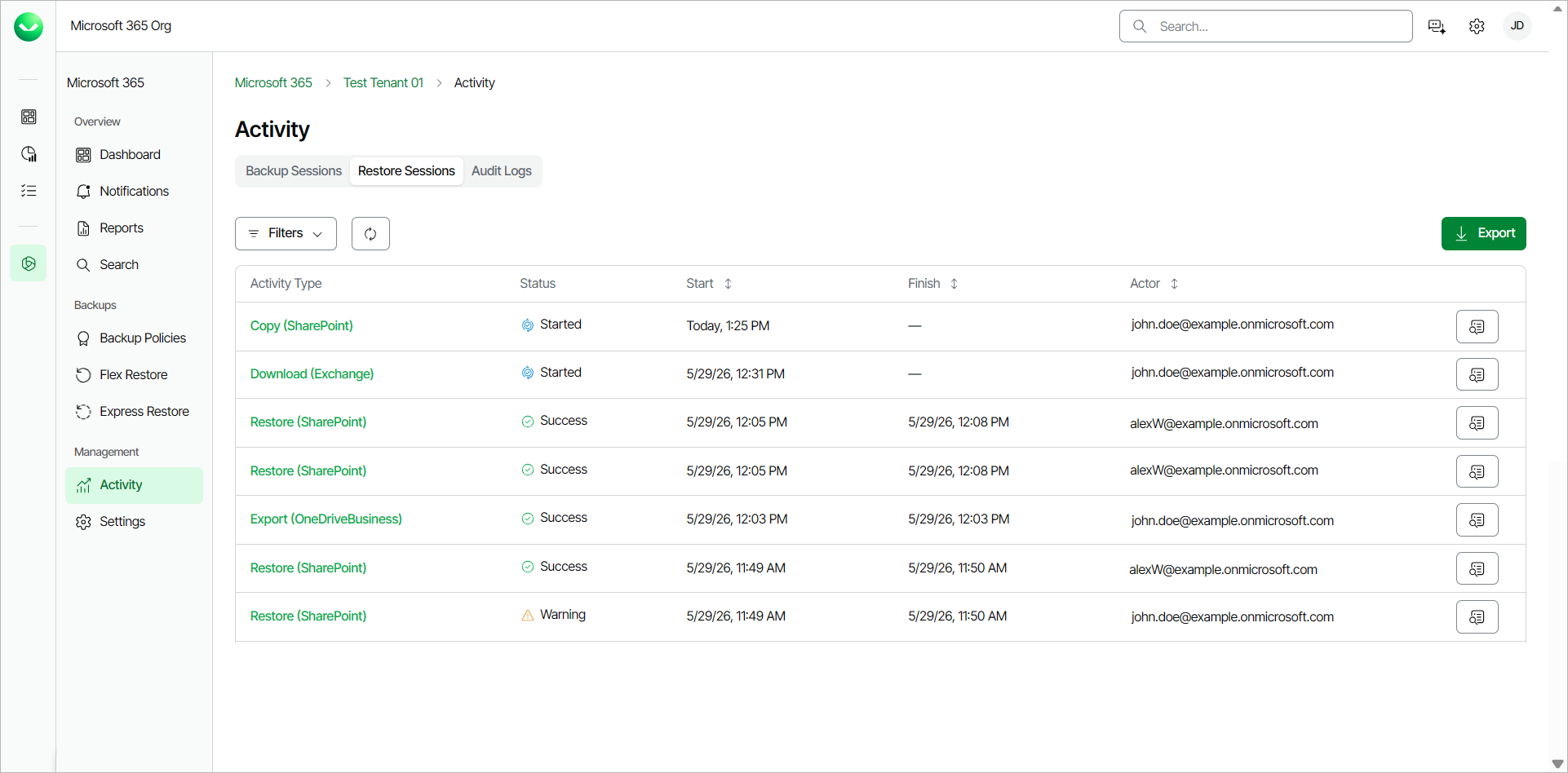 Viewing Restore Sessions