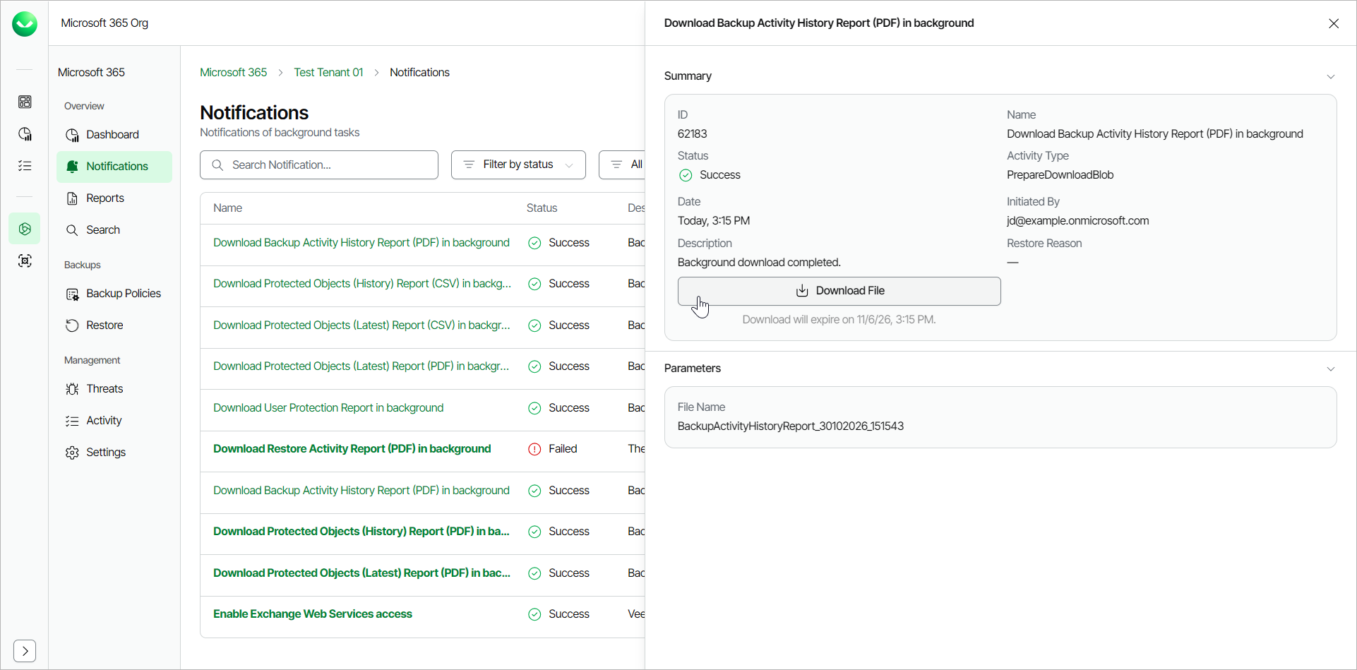 Backup Activity History Report