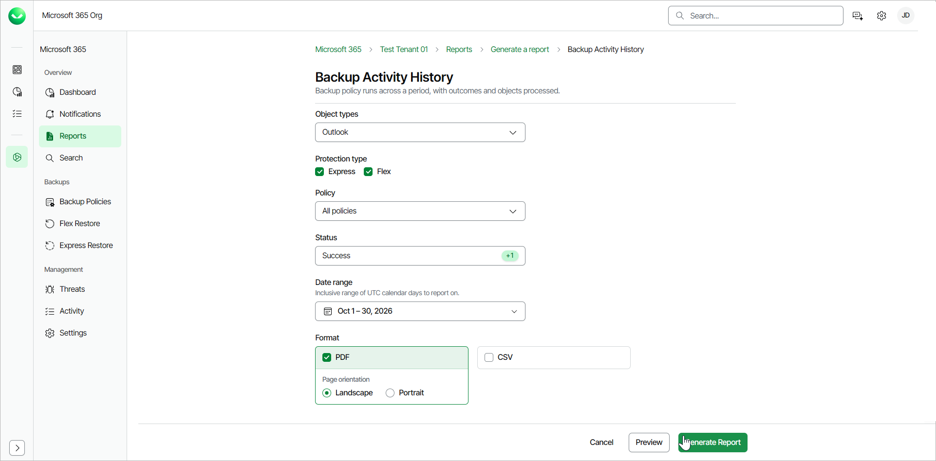Backup Activity History Report
