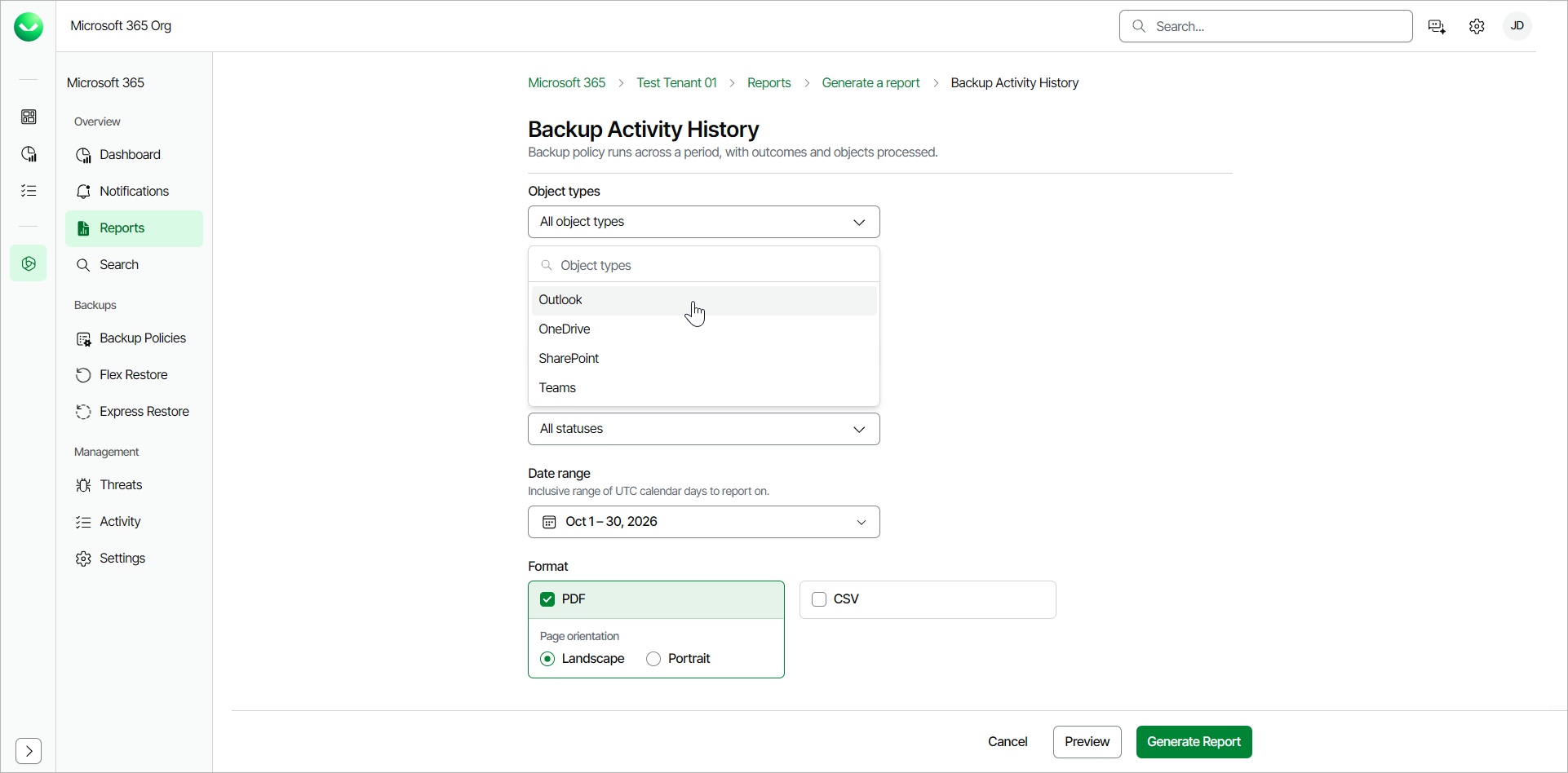 Backup Activity History Report