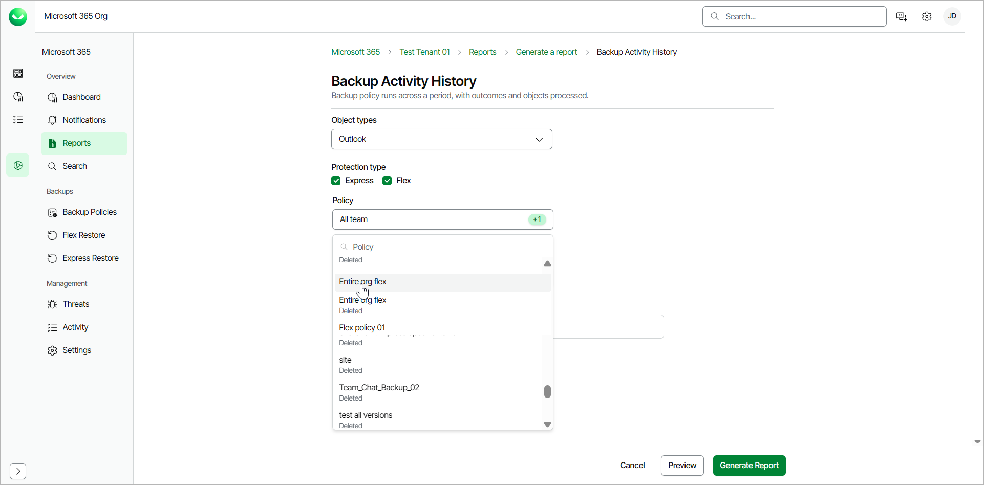 Backup Activity History Report
