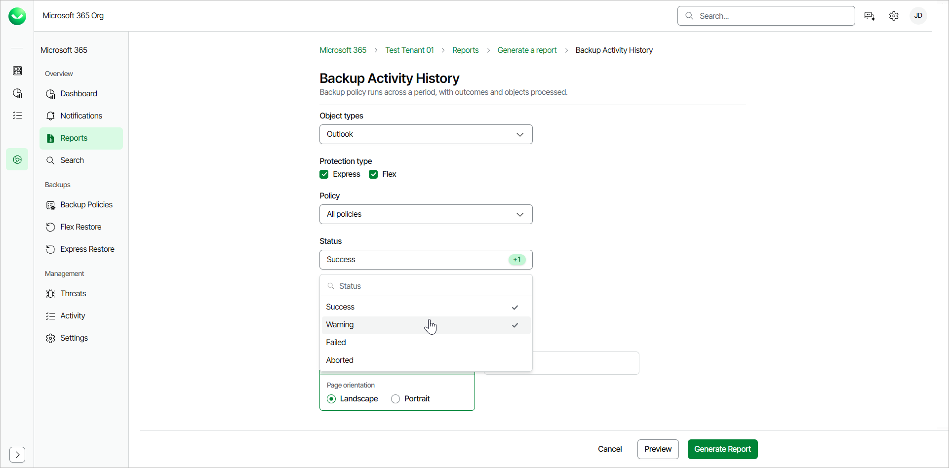 Backup Activity History Report