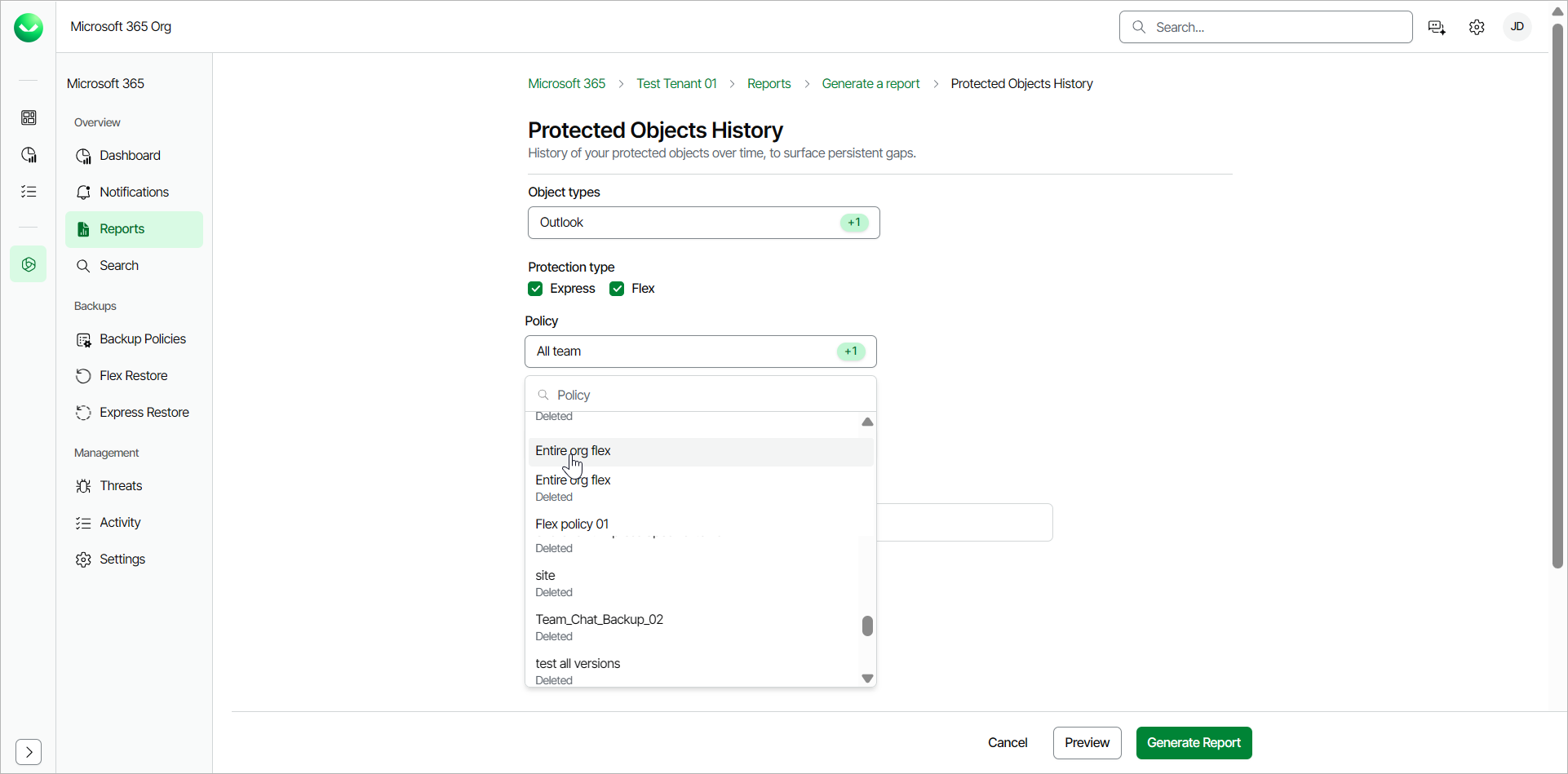 Protected Objects History Report