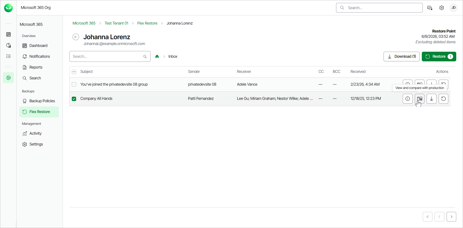 Comparing Emails with Production