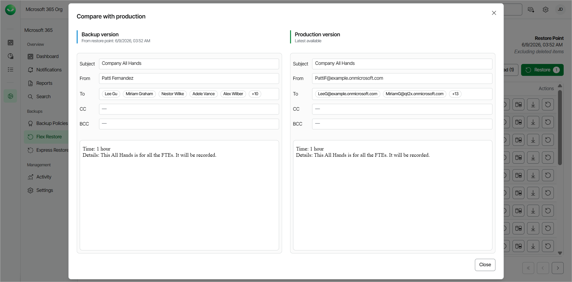 Comparing Emails with Production