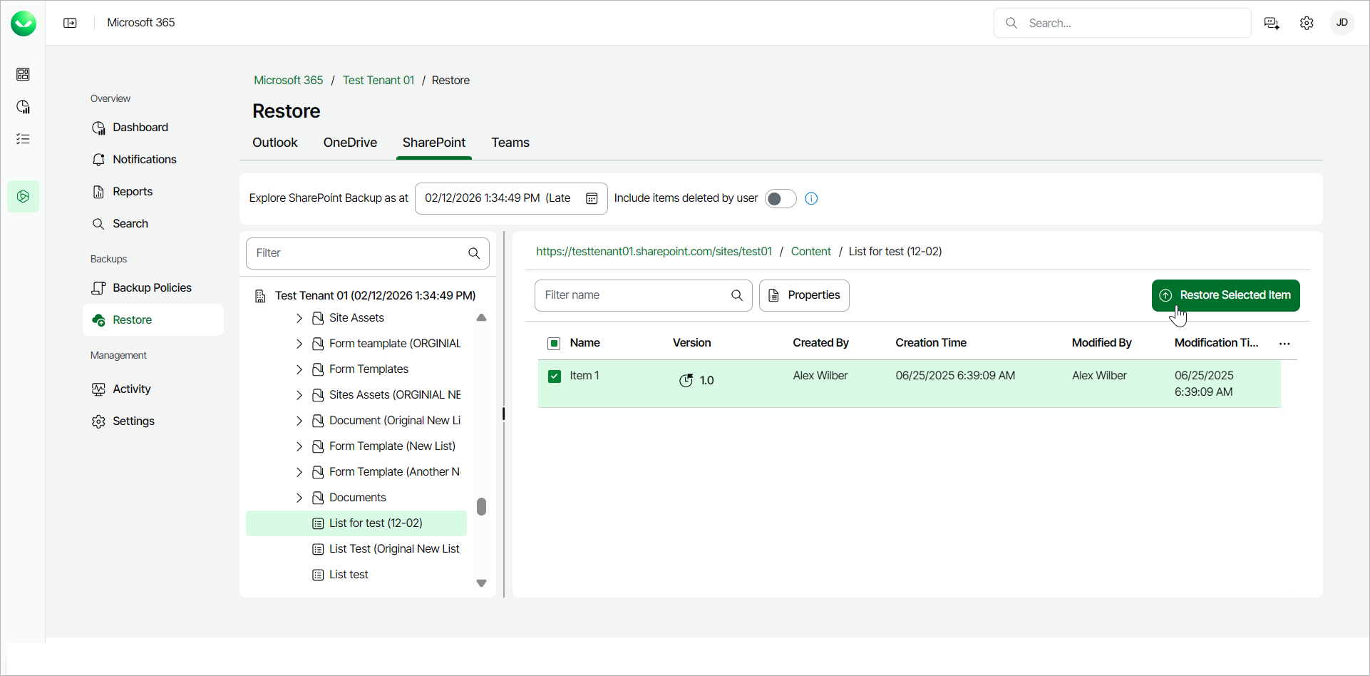 Restoring SharePoint Items