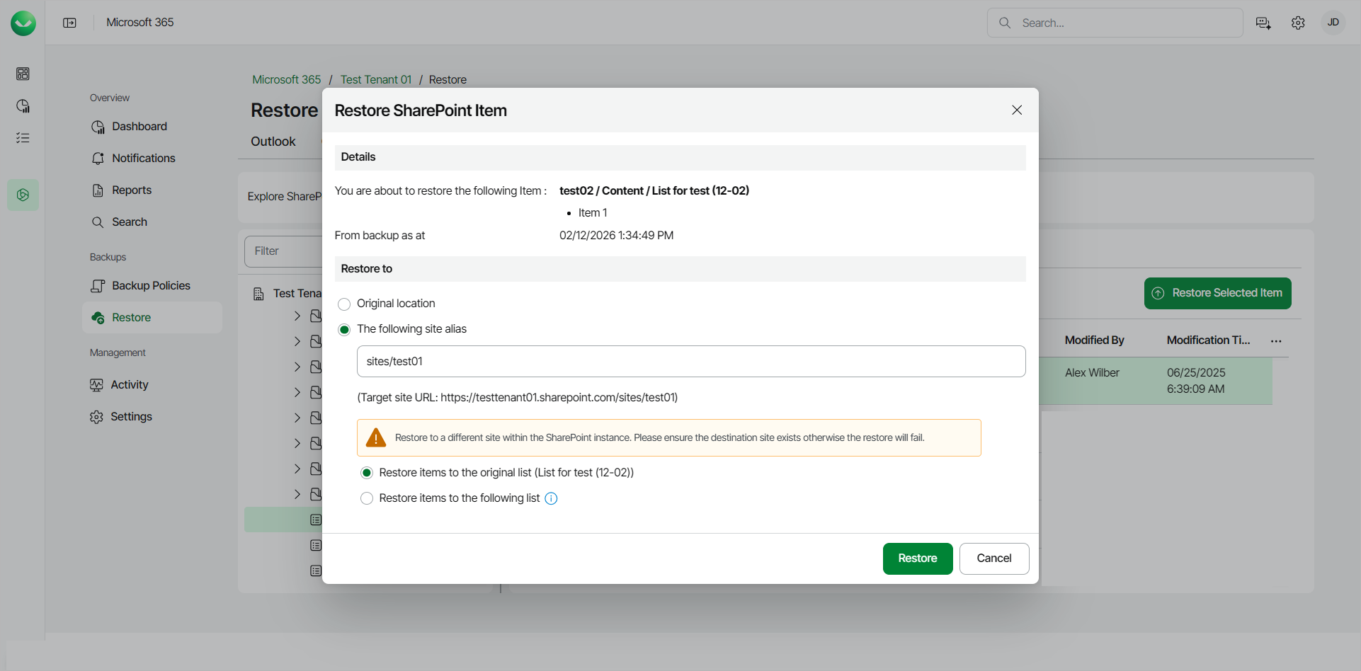 Restoring SharePoint Items