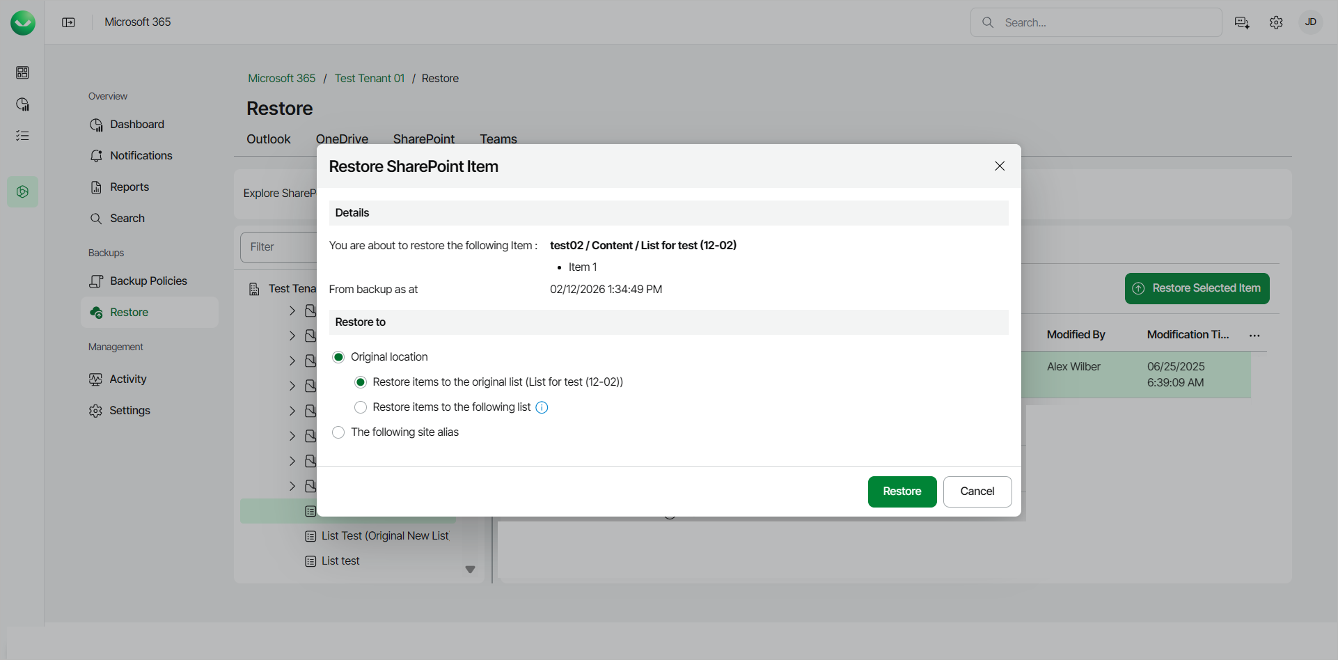Restoring SharePoint Items