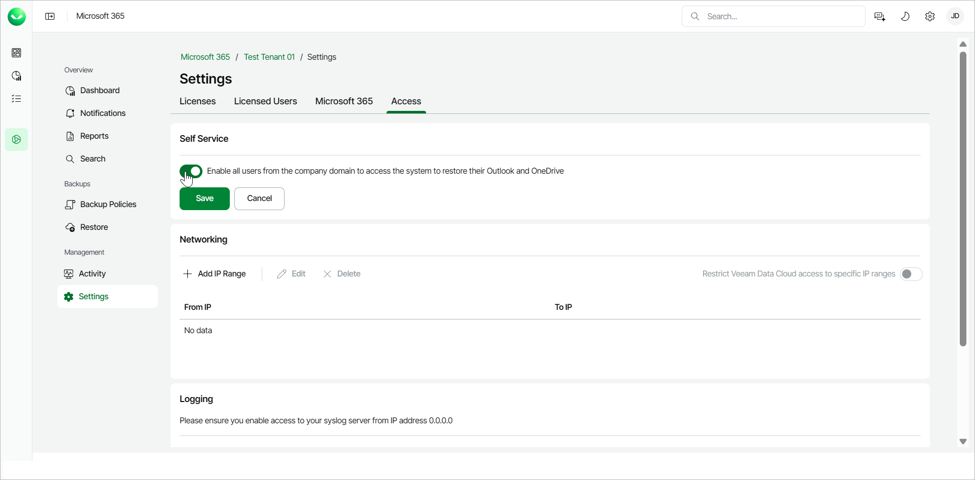 Enabling Self-Service Restore