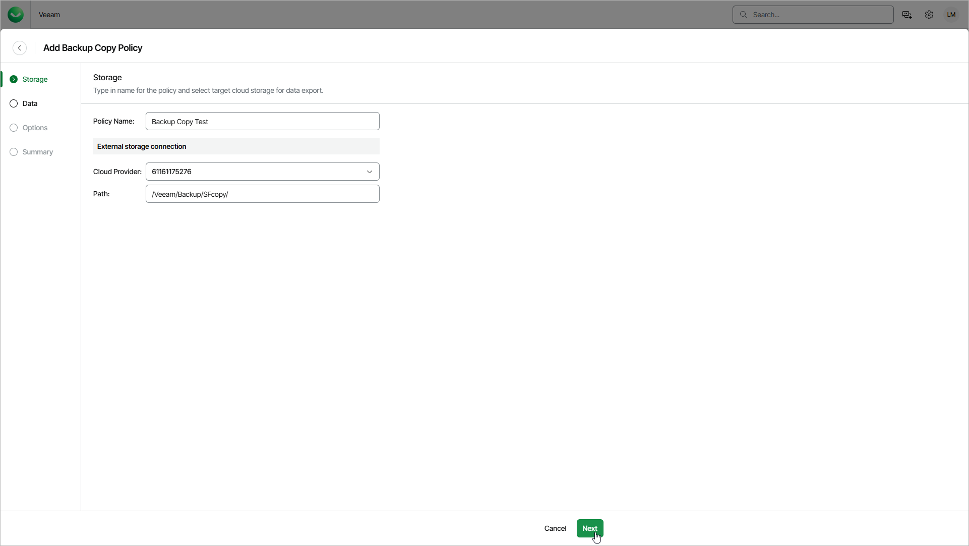 Specifying Backup Copy Storage
