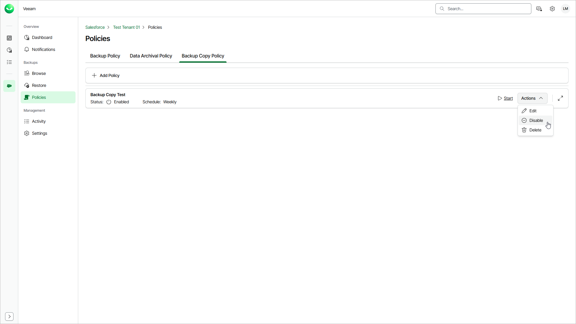 Disabling Backup Copy Policy