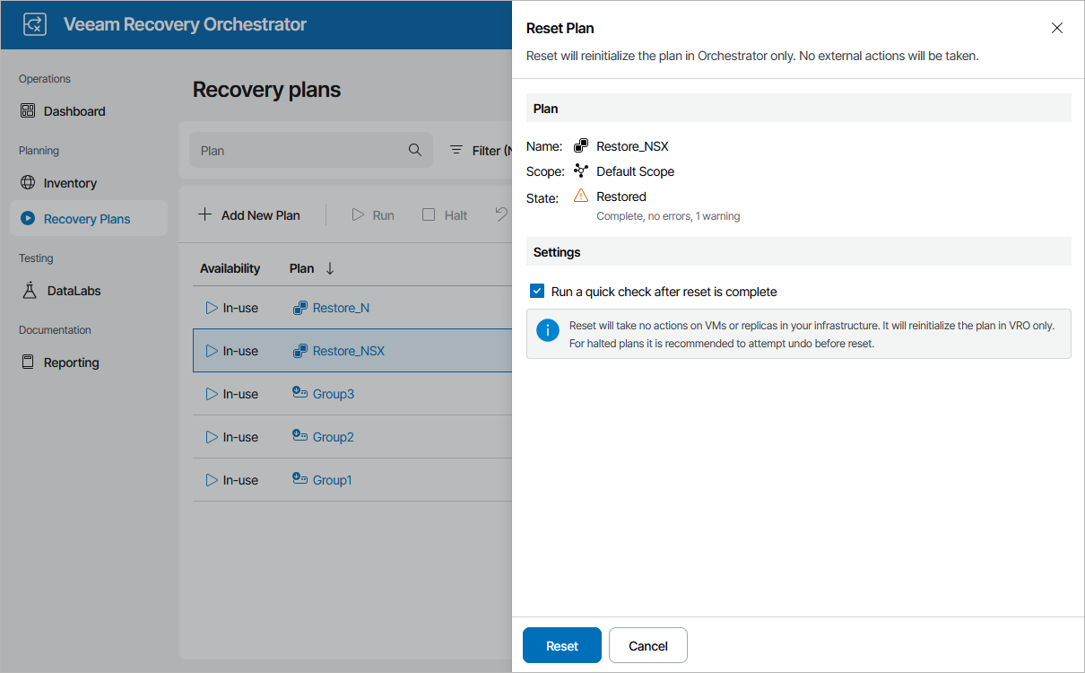 Resetting Restore Plan