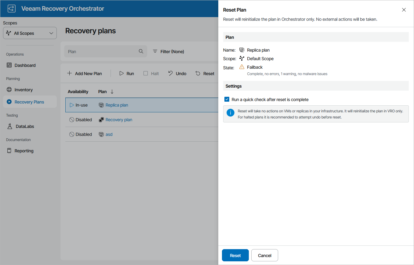 Resetting Restore Plan