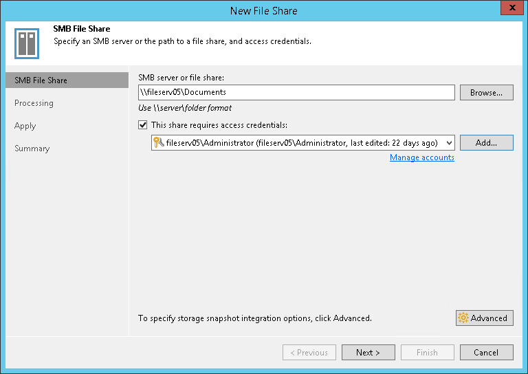 ステップ2：SMBファイル共有へのパスおよびアクセスログイン情報の指定