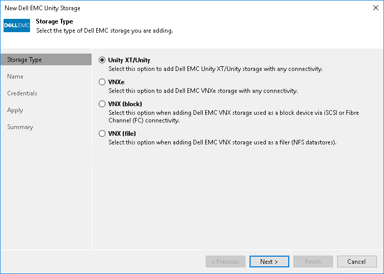 Step 1. Select Dell EMC Unity XT/Unity, VNXe, VNX Storage Type