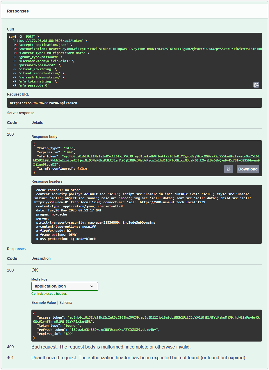 Getting Authorization Token — Server Response